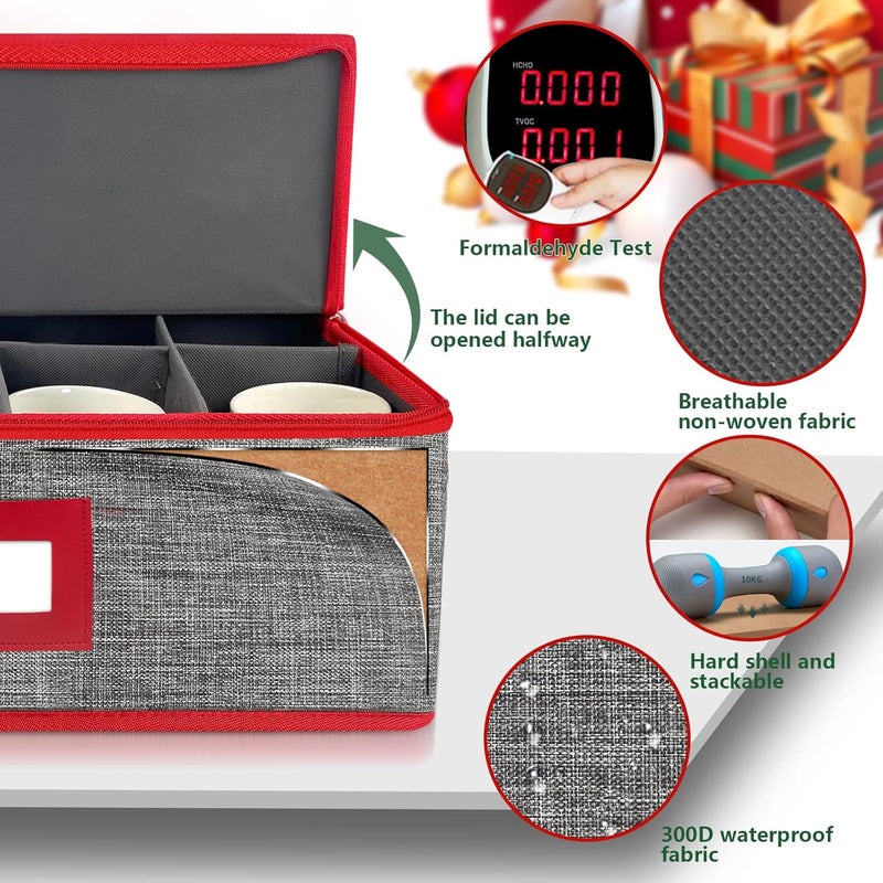 VERONLY Christmas Cup Mug Storage Box with Dividers, China Storage Case Hard Shell Stackable with Lid and Handles for 12 Coffee Mugs and Tea Cups (Grey and Red) - Image 2